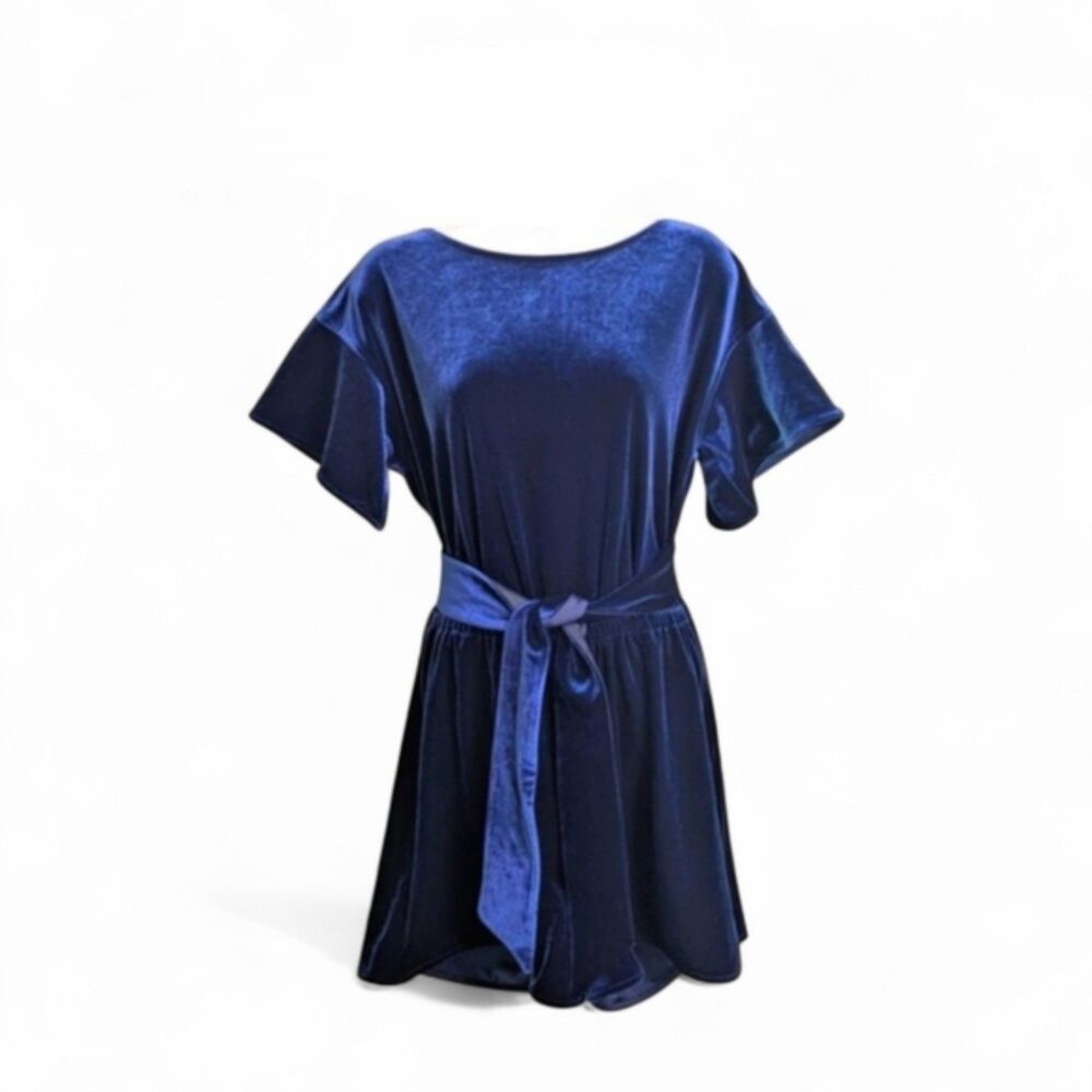 Vineyard Vines Deep Blue Velour Velvet Romper Playsuit Sz M Flutter Sleeve Party